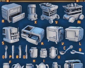 Sci-fi Kitchenware Miniatures for DnD 28mm/32mm Basing Bits DnD Scatter Terrain Scenery  Futurustic Kitchen Minis TTRPG Scenery - STL