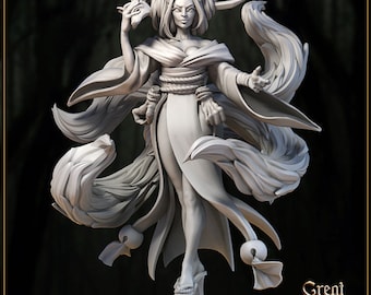 May include: A white, detailed figurine of a woman with fox features. She is wearing a flowing robe and holding a mask in one hand and a sword in the other. Her hair is styled in a bun and she has a fox tail.