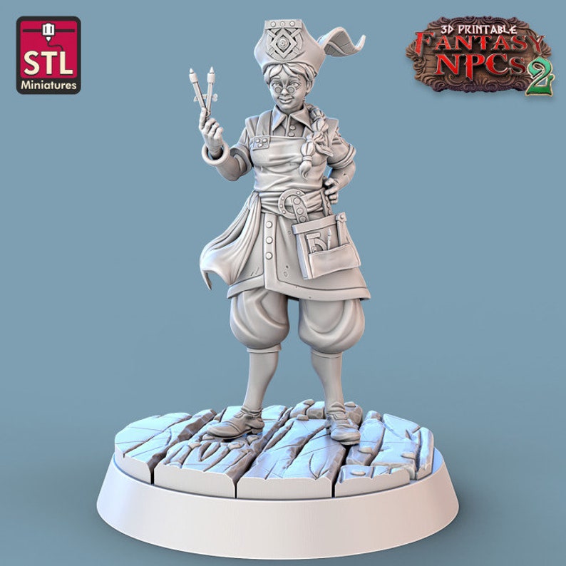 May include: A 3D printed miniature of a female character wearing a white and brown outfit and a blue hat. The character is holding a pair of paintbrushes and a book. The miniature is standing on a wooden base. The text '3D Printable Fantasy NPCs 2' is visible in the background.