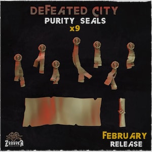 Puede incluir: Sellos de pureza Defeated City x9, un conjunto de nueve sellos de pureza dorados con diseños de calaveras, un rollo y el texto "Lanzamiento de febrero".
