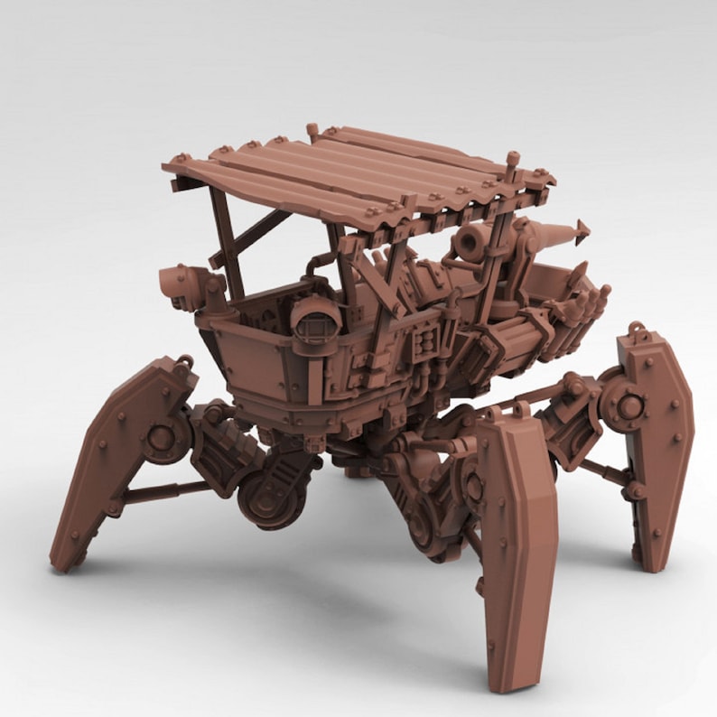 May include: A brown, wooden, steampunk-style walking machine with a cannon on top and a wooden roof. The machine has six legs and is made of metal and wood.