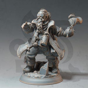 May include: A detailed miniature figurine of a dwarf wearing a long coat, goggles, and holding a tankard and a bomb. The dwarf has a long braided beard and is standing on a rocky base.