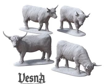 4pc Highland Cattle Miniatures | 28mm 32mm Resin Farm Animals for DnD, Historical Wargames & Dioramas | Vesna Sculpts