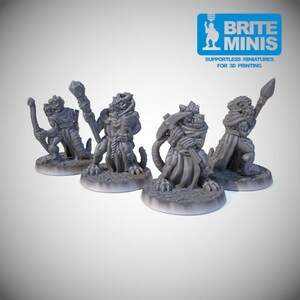 May include: Four gray miniature figurines of reptilian creatures, each posed differently and holding various weapons. One has a bow, another a staff, a third an axe, and the last a spear. The figurines are on circular bases, suitable for 3D printing.