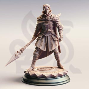 May include: A detailed figurine of a warrior in ornate armor, holding a spear. The figure stands on a decorative base with a circular design. The color palette is primarily beige and brown, with a focus on the intricate details of the armor and weapon.