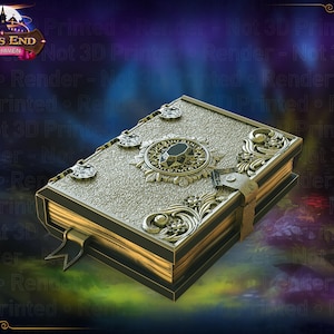 May include: An ornate, closed book with gold-colored accents and a central jewel. The cover is textured with decorative embellishments and clasped with a strap. The book's pages have gold edges. The text "Fates End Furhaven" is visible.