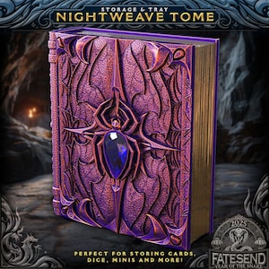 May include: A purple and gold Nightweave Tome storage box with intricate spiderweb and gemstone detailing. The book-shaped box has gold-edged pages and the text "NIGHTWEAVE TOME" at the top. The bottom text reads "PERFECT FOR STORING CARDS, DICE, MINIS AND MORE!"