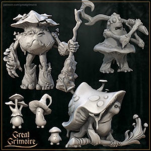 May include: Five 3D printed mushroom creatures, each with a unique design and personality. The creatures are made of a light gray material and have intricate details. The largest creature is holding a staff, while the others are holding various tools and weapons.