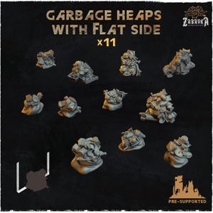 May include: Eleven pre-supported 3D printed miniature garbage heaps with a flat side. The heaps are made of various materials, including metal, plastic, and cloth. The miniatures are designed for tabletop gaming.