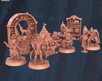 Climbers Guild Miniature Set, 28mm/32mm Mountain Explorer NPCs and Workshop Scenery, Resin