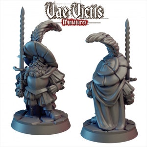 May include: A gray plastic miniature figurine of a dwarf wearing a feathered hat and holding a sword. The dwarf is wearing armor and a cloak. The miniature is standing on a round base.