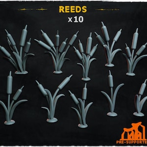 May include: Ten gray 3D printed reeds, resembling tall grass, arranged in various positions on a dark gray background. The text "REEDS x 10" is displayed in yellow at the top of the image.