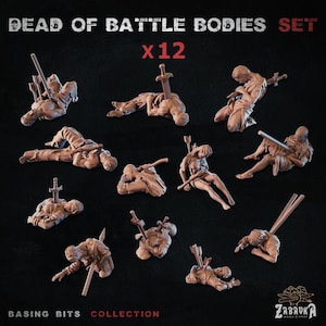Könnte beinhalten: Ein Set mit 12 Miniaturfiguren, die gefallene Krieger in verschiedenen Posen darstellen. Die Figuren sind aus hellgrauem Kunststoff gefertigt und für den Einsatz in Tabletop-Spielen oder als Ausstellungsstücke konzipiert. Das Set enthält eine Vielzahl von Waffen und Zubehör, wie Schwerter, Schilde und Helme. Die Figuren befinden sich alle in einer gefallenen oder besiegten Pose, wobei einige Figuren auf dem Rücken liegen, andere auf dem Bauch und einige knien. Die Figuren befinden sich alle in verschiedenen Zuständen der Verwirrung, wobei einige Figuren Gliedmaßen fehlen oder ihre Rüstung zerrissen ist. Die Figuren sind alle in einem realistischen Stil bemalt, mit Details wie Blutspuren und Schmutz.