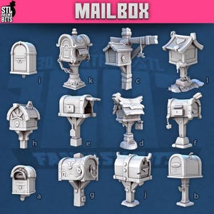 May include: A collection of miniature mailboxes in various designs, including arched, domed, and rectangular shapes. The mailboxes are in a neutral color and mounted on pedestals. The word "MAILBOX" is displayed in large, bold letters at the top of the image.