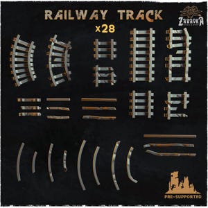 May include: A set of 28 pre-supported 3D printed railway track pieces. The set includes straight tracks, curved tracks, and track junctions. The pieces are designed to be used with miniature train sets.