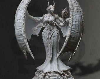 May include: White painted figurine of a dragon woman with wings outstretched. The dragon woman is wearing a flowing gown with intricate details. The figurine is standing on a circular base.