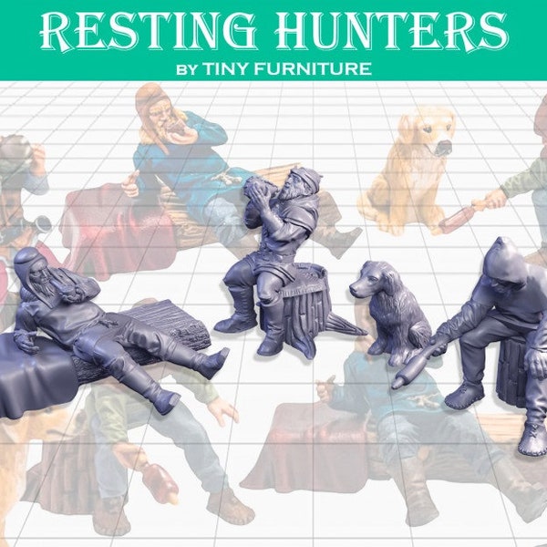 Resting Hunters DnD Dungeons and Dragons 28mm/32mm Fantasy TTRPG Scatter Terrain Dog Companions Camp Scatter Terrain Bedroll Logs