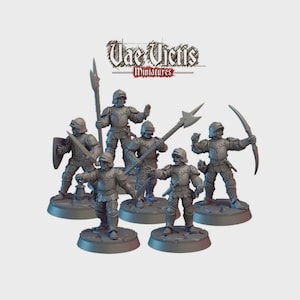 Puede incluir: Un grupo de figuras en miniatura de soldados medievales con armadura, cada uno posando con un arma diferente, incluyendo lanzas, espadas y arcos. Las figuras están sobre bases individuales. El texto "Vae Victis Miniatures" está en la parte superior.