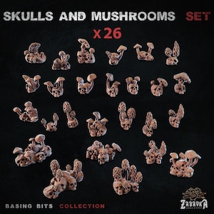 May include: A set of 26 miniature skulls and mushroom figurines. The figurines are in various shapes and sizes, with a light brown color. The text "SKULLS AND MUSHROOMS SET x26" is at the top. The text "BASING BITS COLLECTION" is at the bottom.