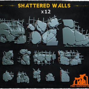 Könnte beinhalten: Zwölf 3D-gedruckte Modelle von zerbrochenen Betonwänden mit Metallbewehrung. Die Modelle sind grau und haben eine raue Textur. Der Text "Shattered Walls x 12" ist oben im Bild gedruckt.