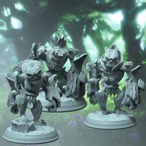 May include: Three gray, wooden, miniature figurines of tree creatures with mushroom-like details. The figures are standing on round bases.
