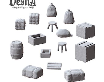15pc Small goods pack - Crates, Sacks, Barrels Miniatures DnD Dungeons and Dragons DnD Scatter Terrain 28mm/32mm - VS