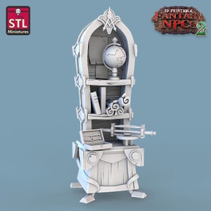 May include: A 3D printed model of a white wooden bookshelf with a globe, books, and scrolls. The bookshelf is decorated with carvings and has a small drawer. The text '3D Printable Fantasy NPCs 2' is visible in the top right corner of the image.