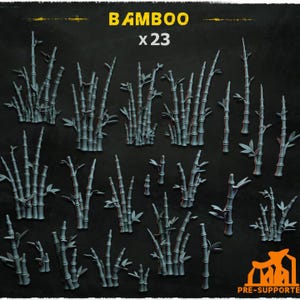 May include: A set of 23 grey 3D printed bamboo plant models. The models are arranged in a grid pattern on a black background. The text "BAMBOO x 23" is printed in yellow at the top of the image.