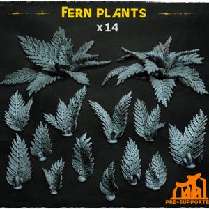 May include: A set of 14 3D printed fern plants for tabletop gaming. The ferns are various sizes and shapes, with a realistic, detailed design.  The plants are printed in a light gray color.