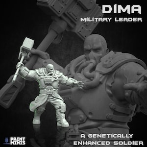 May include: A gray 3D printed miniature of a futuristic soldier holding a large weapon. The soldier is wearing a helmet and armor. The text "DIMA MILITARY LEADER" is above the soldier. The text "A GENETICALLY ENHANCED SOLDIER" is below the soldier.