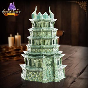 May include: A detailed, multi-tiered, green fantasy castle model with intricate architectural details. The model has a pagoda-like design with pointed spires and decorative elements. The Fates End 3D Printables logo is visible in the upper left corner.