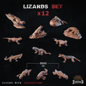 May include: A set of 12 miniature lizard figurines, including 3 dead lizards. The lizards are in various poses and are made of a light brown plastic. The set is labeled "Lizards Set x12" and "Dead x3".