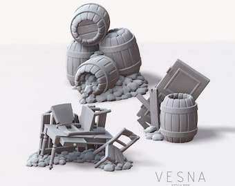 3pc Small Barricade Miniatures DnD Dungeons and Dragons Terrain 28mm/32mm Barrels Broken down furniture Chair Table Door Wargame Scatter- VS