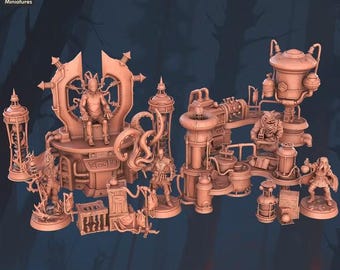 Dark Alchemist Miniature Set, 28mm/32mm NPCs and Laboratory Scatter Terrain, Resin