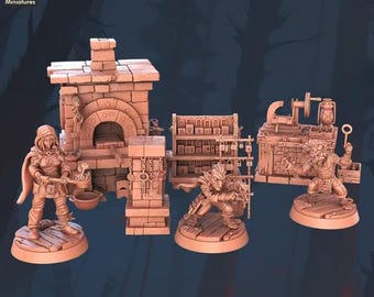 Keymasters Locksmith Miniature Set, 28mm/32mm NPCs with Forge and Workshop Furniture, Resin