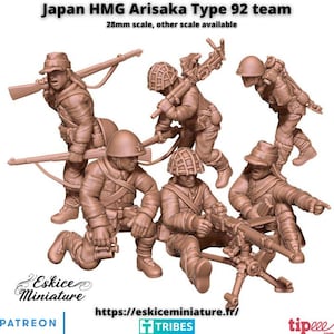 May include: A collection of miniature figures depicting a Japanese HMG Arisaka Type 92 team. The figures are in various poses, including kneeling and standing, and are armed with rifles and machine guns. The scale is 28mm, with other scales available.