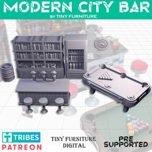 Può includere: Un modello stampato in 3D di un bar moderno di città con un bancone bar, sgabelli, un frigorifero, mensole, un biliardo e un bersaglio di freccette. Il modello è grigio e ha un design pre-supportato. MODERN CITY BAR BY TINY FURNITURE DIGITAL PRE SUPPORTED