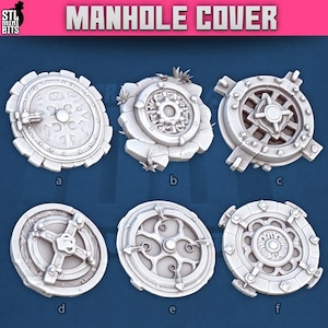 May include: A collection of six white manhole covers with various designs. The covers are circular, with intricate patterns and details, including gears, floral elements, and geometric shapes. The text "MANHOLE COVER" is displayed at the top.