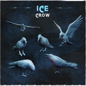 Puede incluir: Cinco figuritas de cuervo grises con el texto "ICE CROW" en la parte superior de la imagen.