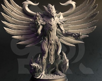 May include: A gray, detailed, winged figure with a crown and a staff, standing on a circular base. The figure is sculpted in a dramatic pose with wings spread wide.
