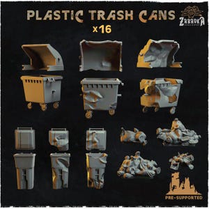 May include: A set of 16 plastic trash cans, pre-supported for 3D printing. The cans are in various states of disrepair, with some having holes and others being completely intact. The cans are all gray and have a textured surface. The text "PLASTIC TRASH CANS x16" is visible at the top of the image. The text "PRE-SUPPORTED" is visible at the bottom of the image.