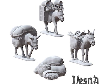 4pc Donkey Miniatures 28mm/32mm DnD Dungeons and Dragons DnD Scatter Terrain Animal Miniatures Desert Animals - VS