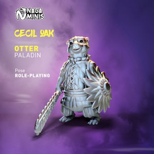May include: A white painted miniature figurine of an otter paladin, holding a sword and a sunflower shield. The figurine is posed in a role-playing style. The figurine is part of the Cecil Oak collection by Naga Minis.