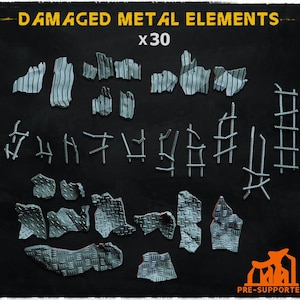 May include: A set of 30 damaged metal elements, including pieces of corrugated metal, metal bars, and diamond plate metal. The metal pieces are all in various states of damage, with some being bent, broken, or rusted.