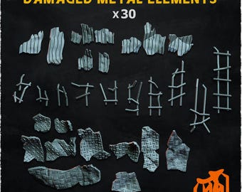 30pc Damaged Metal Elements (Basing Bits 1.0) 28mm/32mm TTRPG Post-apocalyptic Sci-fi Battlefield Trash Basing Damaged Industrial ScatterZbW