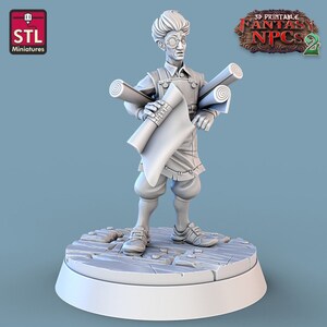 May include: A 3D printed miniature of a person holding rolled up papers. The miniature is gray and is standing on a base with a rough texture. The text '3D Printable Fantasy NPCs 2' is visible in the background.