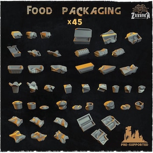 May include: A set of 45 pre-supported 3D printable food packaging models. The models are in various shapes and sizes, including boxes, containers, and bags. The models are all in a gray color.