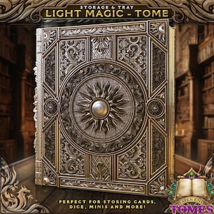 Light Magic Tome Dice Vault – Slide-Out Tray for Dice, Cards, Minis – DnD Spellbook Prop – Radiant RPG Storage Accessory, FatesEnd