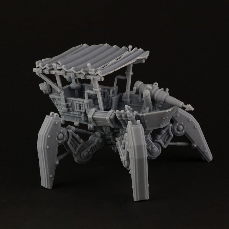 May include: A gray, 3D printed model of a steampunk-style walking boat with a canvas awning. The boat has a cannon on the front and four articulated legs.