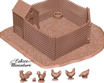 Chicken Coop and Six Chicken Models, 15mm 20mm 28mm 32mm 45mm Farm Resin Miniatures - Eskice Miniature